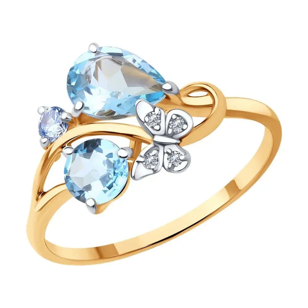 Золотое кольцо женское 585 пробы с камнями фианитами и топазами - 1