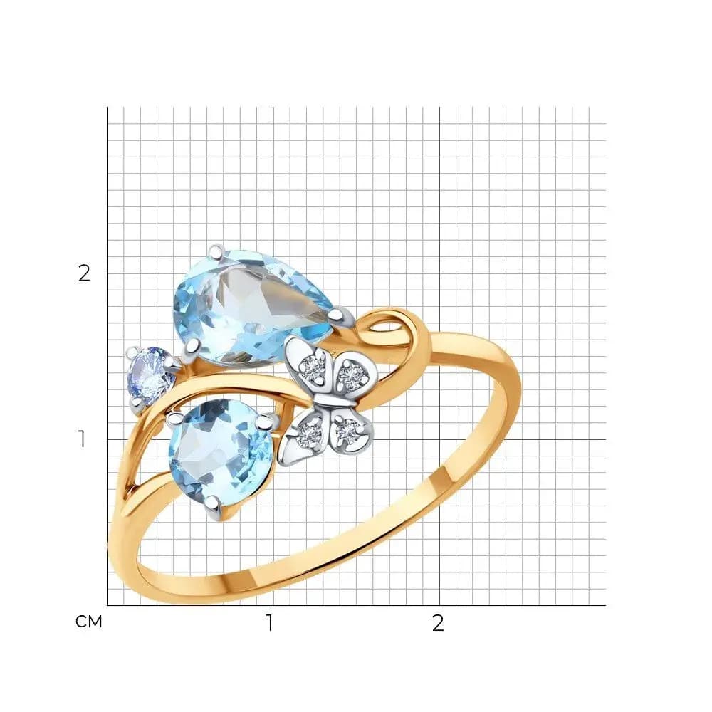 Золотое кольцо женское 585 пробы с камнями фианитами и топазами - 2