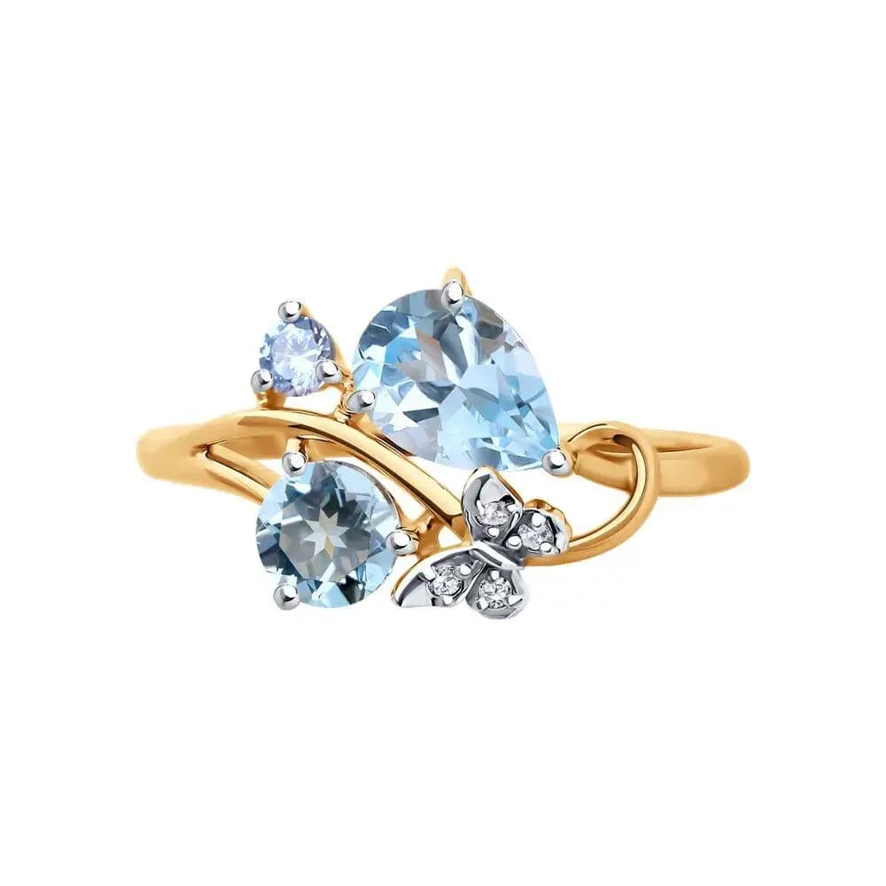 Золотое кольцо женское 585 пробы с камнями фианитами и топазами - 3