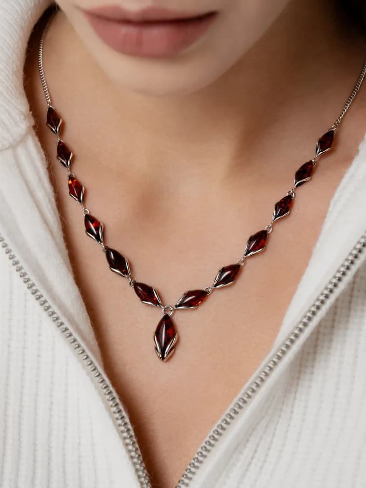 Ювелирное колье из серебра 925 пробы с янтарем, родированное - 1