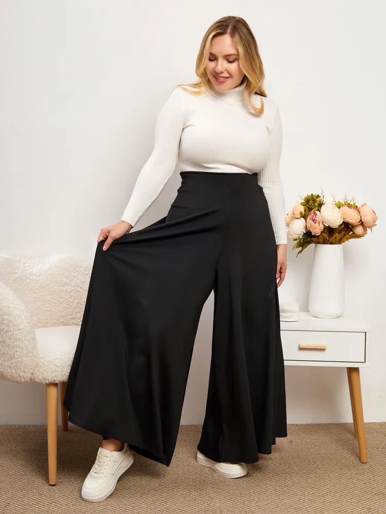Брюки женские палаццо черные на резинке, широкий клеш - 1